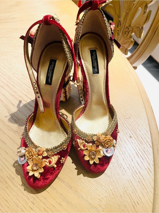 Dolce & Gabbana Shoes - Dolce & Gabbana Red Velvet Floral-Embellished Ankle-Strap Heels IT size 39
